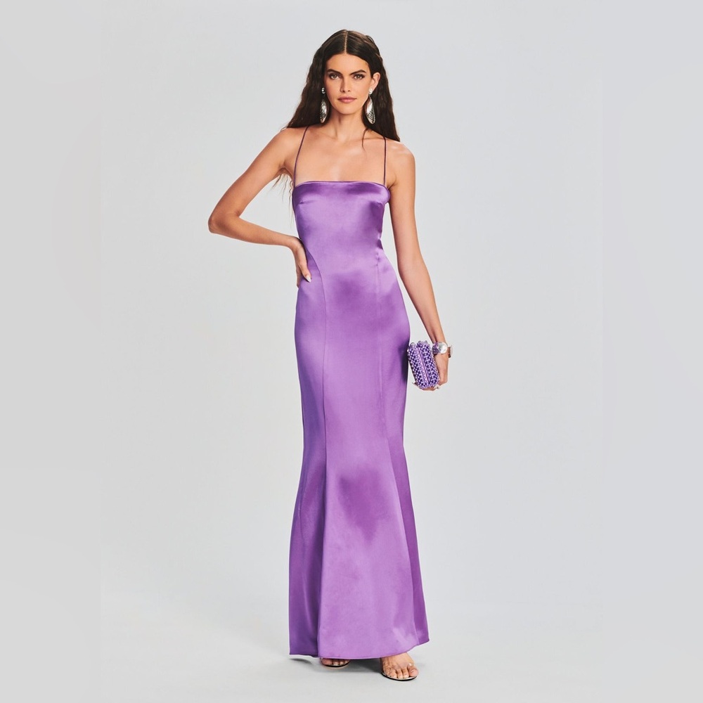 NWT RETROFETE Lucinda Orchid 90s Satin Square Neck Sleeveless Open Back Gown XS